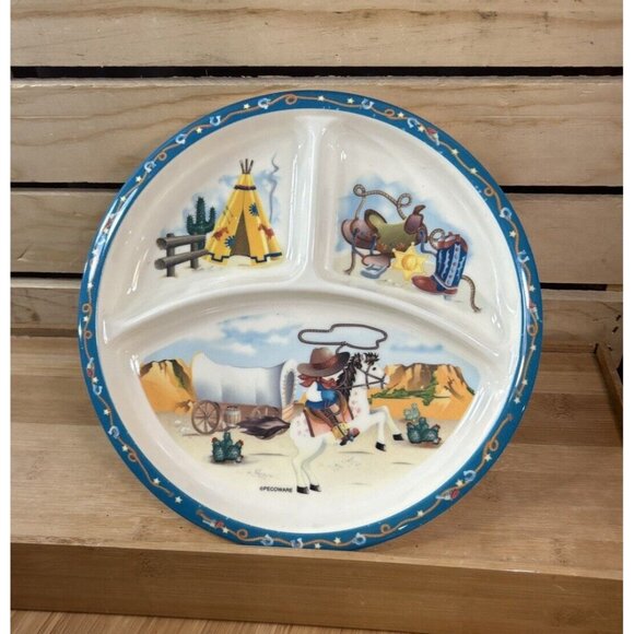 Peco Pecoware Melamine Western Themed Child's Divided Plate 8" diameter - Picture 1 of 8
